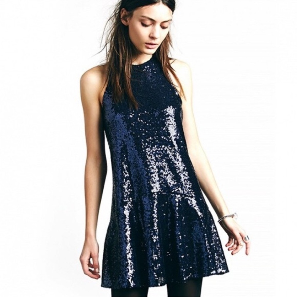 Free People Black Sequin Dress, Dropped Waist And‎ Keyhole Back, Size XS